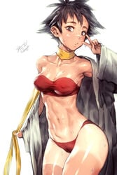 2017 absurdres bandaid bandaid_on_nose black_hair bra breasts capcom cleavage clothed collarbone cowboy_shot curvy dated dojo dougi female female_only front_view gesture highres human karate looking_at_viewer makoto_(street_fighter) medium_breasts navel nipple_bulge open_robe panties perky_breasts red_bra red_panties robe saejin_oh shiny_skin short_black_hair short_hair signature simple_background solo standing street_fighter sweat tanlines tomboy toned undressing v white_background