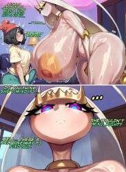 scarletstained pokemon pokemon_sm ultra_beast pheromosa thick_thighs selene_(pokemon) pokephilia 2girls 1futa medium_breasts huge_breasts height_difference breast_size_difference sweat red_hat hung_futa yellow_shirt english_text english comic ai_generated ass nude_female hanging_breasts nipples huge_areolae ...