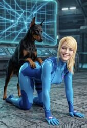 ai_generated ass bimbo blonde_hair blue_eyes bodysuit breasts canine canine_on_human doberman excited latex looking_back metroid mounting nintendo on_floor samus_aran skin_tight smiling zero_suit_samus zoophilia