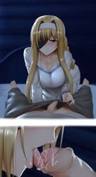 alice_schuberg blonde_hair blue_eyes blush breasts censored cleavage clothing eyebrows_visible_through_hair foreskin ginhaha kirigaya_kazuto large_breasts lips lipstick mosaic_censoring one_eye_covered open_mouth oral penis penis_lick saliva saliva_drip saliva_trail sword_art_online tongue tongue_out uncut white_dress