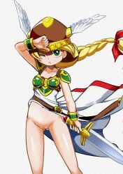 1girl armor blonde_hair braid breastplate breasts censored commentary_request dress female female_only floating_hair green_eyes helmet hiro68 holding holding_sword holding_weapon long_hair looking_at_viewer mosaic_censoring navel pussy small_breasts solo sword valkyrie_(vnd) valkyrie_no_densetsu weapon wind winged_helmet