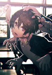 1boy adam's_apple ahoge backlighting bishounen black_jacket bloom blurry blurry_background brown_eyes brown_hair chair chromatic_aberration classroom collarbone cowboy_shot desk earrings feet_out_of_frame furrowed_brow gakuran glint grabbing_from_behind hair_between_eyes hand_on_another's_cheek hand_on_another's_face hand_on_another's_head hands_up highres holding holding_another's_wrist holding_scissors imminent_gangbang imminent_rape indoors jacket jewelry looking_at_viewer male_focus open_clothes open_jacket open_mouth original out-of-frame_censoring photo_background rejoys school school_chair school_desk school_uniform scissors sidelocks solo_focus surrounded_by_hands teeth upturned_eyes window yaoi