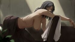 1girls absurd_res absurdres areolae armpit_crease armpit_peek armpits attack_on_titan bare_shoulders bent_over big_breasts black-haired_female black_hair breasts chair chest female female_only grey_hair hanging_breasts highres kasseusmaximus light-skinned_female light_skin looking_at_viewer medium_breasts navel nipples no_bra pieck_finger ribs shingeki_no_kyojin shirt_removed skirt slender solo sweat sweatdrop tagme topless visible_ribs