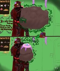 1girls abnormality_(project_moon) alriune annoyed_pred artist_logo belch big_breasts bones_in_stomach burp cape cloak digestion face_covered fattening female_pred green_background hloreka judgement_bird little_red_riding_hooded_mercenary lobotomy_corporation melting_love multiple_prey nugget onomatopoeia pink_hat project_moon stomach_growling text thick_thighs unseen_face vore vore_belly wanted_poster watch weight_gain
