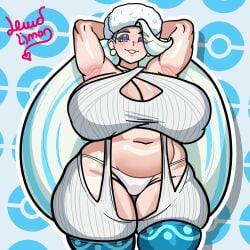 2d 2d_(artwork) 2d_artwork belly_button big_breasts blue_eyes blue_highlights breasts breasts_bigger_than_head cleavage color digital_drawing digital_drawing_(artwork) digital_media digital_media_(artwork) earrings eyelashes female female_focus female_only front_view game_freak hands_behind_head happy happy_female hat head_accessory headwear huge_breasts large_breasts lewdlimon light-skinned_female light_skin makeup mature mature_female mature_woman melony_(pokemon) milf pokemon pokemon_ss simple_background smile smiling smiling_at_viewer smiling_female solo solo_female solo_focus stockings sweater thicc thick thick_legs thick_thighs white_hair white_hair_female white_panties wink winking winking_at_viewer