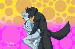 absurd_res anal anal_sex animal_genitalia animal_penis anthro balls blue_eyes blue_markings bodily_fluids canid canine canine_genitalia canine_penis canis cel_shading cum cum_in_ass cum_inside duo fur genital_fluids genitals green_eyes grey_body grey_fur hi_res holding_another howlfei howlfeiwolf knot male male/male mammal markings multicolored_body multicolored_fur nipples open_mouth orgasm_face pattern_background penetration penis pink_penis raised_leg raised_tail red_eyes shaded sheath simple_background smile tail teeth tongue tongue_out two_tone_body two_tone_fur white_body white_fur wolf