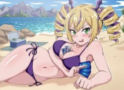 1girl beach bikini blonde-haired_female blonde_hair box card_between_breasts cards digimon digimon_card_game digimon_liberator embarrassed female grass holding_card holding_cards huge_breasts ice lying_on_side open_mouth purple_bikini rock shy soda_can solo thighs violet_inboots wavy_mouth