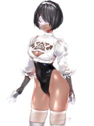 alternate_color alternate_costume artist_request black_hair blindfold breasts cleavage cleavage_cutout dark-skinned_female dark_skin feather-trimmed_sleeves female gloves groin hairband leotard long_sleeves mole nier nier:_automata simple_background solo soul_calibur soul_calibur_vi stockings thighhighs video_games yorha_2p