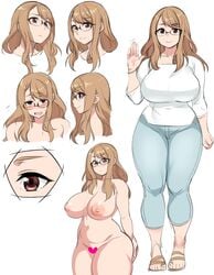 areolae ass b-chan_(ryo_agawa) bangs blush breasts brown_hair censored clothed collarbone eyewear feet female female_only footwear front_view full_body gesture glasses heart heart_censor highres huge_breasts human jeans large_areolae long_hair matching_hair/eyes model_sheet nipples nude open_mouth open_toe_shoes original original_character pleasure_face puffy_nipples ryo_agawa sandals semi-rimless_glasses shiny_skin simple_background slightly_chubby smile solo sweat toes waving white_background