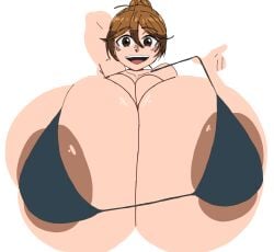 2026 big_breasts big_eyes bikini breasts brown_eyes brown_hair edited edited_art fumi_namatame looking_at_viewer sanda_(anime) smiley_face tasteofchoklit_(edit) white_background white_body