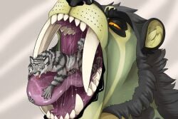 big_fangs black_nose bodily_fluids cheek_tuft duo erection facial_tuft fangs felid foreskin fur genitals green_body green_fur grey_body grey_fur head_tuft hi_res humanoid_genitalia humanoid_penis imperatorcaesar in_mouth looking_pleasured lying male male/male mammal micro mouth_play mouth_shot narrowed_eyes neck_tuft nude on_front open_mouth penis simple_background smile striped_arms sweat sweaty_face teeth tongue tongue_out tuft vore