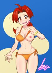 areolae bikini breasts curvy delia_ketchum_(pokemon) female female_only flashing hair hameneko hourglass_figure human human_only looking_at_viewer mature mature_female medium_breasts milf nintendo nipples one_breast_out open_mouth pokemon pokemon_rgby presenting red_hair signature solo swimsuit thighs video_games watermark