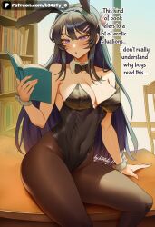 1girls :o ai_generated animal_ears b34sty_0 black_hair black_tights blue_eyes blush book bowtie breasts bunny_ears bunny_girl bunny_girl_suit chair eyes fake_ears female hair hair_ornament hand_on_table holding_book holding_object library long_hair mai_sakurajima medium_breasts open_mouth patreon public reading seishun_buta_yarou_wa_bunny_girl_senpai_no_yume_wo_minai shelf sitting sitting_on_table table tights watermark window