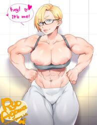 ! abs amazon areolae artist_name biceps blonde_hair blue_eyes breasts collarbone dialogue english_text eyewear female female_only front_view glasses hands_on_hips heart highres huge_breasts human j-chan_(ryo_agawa) large_areolae large_breasts leggings looking_at_viewer milf muscles muscular_female navel nipple_slip nipples original original_character ryo_agawa short_hair smile solo speech_bubble sports_bra standing text