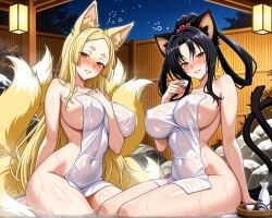 ai_generated notreallyhere high_school_dxd kuroka_(high_school_dxd) yasaka_(high_school_dxd) 2girls female_only onsen night fox_ears cat_ears fox_girl fox_tail cat_tail catgirl multiple_girls multiple_tails blonde_hair black_hair parted_bangs parted_lips thick_eyebrows half-closed_eyes yellow_eyes orange_eyes blush blushing animal_ears animal_ear_fluff squeans rock water steam wet towel towel_only smile hair_rings covered_navel large_breasts breasts covered_nipples drunk sake alcohol cup holding_object holding_cup naked_towel narrow_waist looking_at_viewer long_hair very_long_hair partially_submerged cat_girl bare_shoulders bare_arms hand_on_breast hand_between_breasts