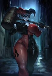 1girls ai_generated black_lipstick blood bodysuit color dc dc_comics dcau evil_smile farggothdur female female_focus female_only hand_on_breast hand_on_own_breast hand_on_own_chest harley_quinn harley_quinn_(classic) hi_res holding_object huge_breasts jester jester_hat large_breasts licking licking_lips mallet raining seductive seductive_look seductive_smile sole_female solo solo_focus teasing teasing_viewer thick_thighs threatening walking walking_towards_viewer