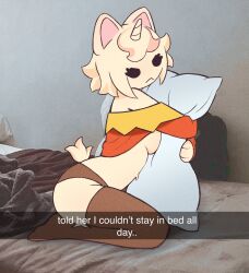 bed breasts cat_humanoid cat_tail clothed_female cute female female_only hug hugging_pillow kneesocks meme oc original original_character panties partially_clothed riddledout shirt_lift shirt_up text unicorn_horn