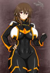 1girls aged_up ai_generated big_breasts breasts brown_hair closed_mouth cosplay costume female female_focus female_only fist gloves ib ib_(character) large_breasts legs long_hair looking_at_viewer raidon_dimentional_land red_eyes serious sexy_pose solo suit thick_legs thick_thighs thighs wide_hips