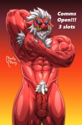male male_only bara muscles muscular barazoku furry anthro zenless_zone_zero big_daddy_(zenless_zone_zero) sus_(pig) suina facial_hair beard tusks sunglasses white_hair red_skin penis balls solo solo_male montymong nude flaccid arm_behind_head armpit armpit_hair