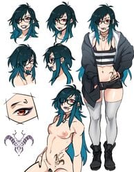 areolae bikini_top black-framed_glasses black_nails blue_hair boots breasts clothed ear_piercing eyebrow_piercing eyewear facial_piercing female female_only full_body glasses goth gradient_hair hair_over_one_eye hand_in_pocket hand_on_hip highres human jacket k-chan_(ryo_agawa) licking_lips lip_piercing lipstick long_hair looking_at_viewer medium_breasts messy_hair model_sheet nail_polish navel necklace nipples nude orange_eyes original original_character piercing punk purple_lipstick red_eyes ryo_agawa shoes short_shorts shorts skull smile solo stomach_tattoo tattoo thighhighs thong tongue tongue_out tongue_piercing very_long_hair