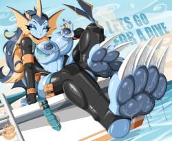 absurd_res anthro aquatic areola big_breasts bikini boat breasts claws clothed clothing digital_media_(artwork) diving_suit dripping eeveelution english_text feet female foot_focus generation_1_pokemon hair hi_res krampuscorner latex legwear lens_flare looking_at_viewer mammal membrane_(anatomy) navel nintendo nipple_fetish nipple_play nipples pawpads paws pokemon pokemon_(species) smile solo stockings swimwear tail teeth text thick_thighs toe_claws toes topwear two-piece_swimsuit vaporeon vehicle water watercraft webbed_feet webbed_hands wet wetsuit