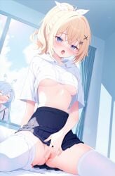 2girls absurdres areola_slip blonde_hair blue_eyes blue_skirt blush breasts censored clothes_lift cloud cowboy_shot crossed_bangs curtains day drawstring female_masturbation hair_between_eyes hair_intakes hair_ornament hair_ribbon hairclip highres hood hood_down hoodie hoodie_lift indoors masturbation miniskirt mosaic_censoring multiple_girls no_panties ohako_miyu on_bed open_mouth original panties panties_around_one_leg parallel_hairclips pleated_skirt ponytail pussy pussy_juice ribbon short_hair short_sleeves sitting skirt small_breasts solo_focus thighhighs tongue tongue_out underwear variant_set white_panties white_ribbon white_thighhighs window x_hair_ornament