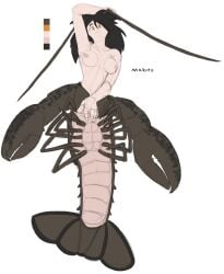 aquatic arthropod black_hair breasts brown_body crustacean decapod female hair half_human humanoid hybrid invincible lobster makoto_(reakuthecrate) malacostracan medium_breasts merfolk nipples nude orange_eyes pale_body pale_skin reakuthecrate solo split_form tan_nipples