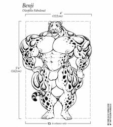 2018 abs anthro areola benji_(character) big_arms bulge clouded_leopard ear_piercing feline front_view hyper hyper_muscles mainlion male male_only mammal monochrome muscular muscular_male pecs piercing solo spots standing thick_thighs