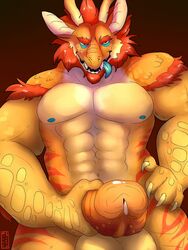 anthro balls beard bedroom_eyes dragon erection facial_hair half-closed_eyes horn looking_at_viewer male male_only mochashep muscular muscular_male nude pecs penis penis_towards_viewer precum scalie seductive solo standing thick_penis tongue tongue_out