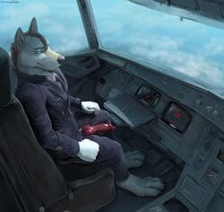 airliner animal_genitalia animal_penis anthro canine canine_penis clothed clothing cockpit erection hi_res knot looking_at_viewer male male_only mammal necktie penis pilot solo suit uniform unprofessional_behavior virtyalfobo