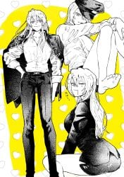 barefoot big_breasts breasts_apart canon_genderswap cleavage feet female female_only fully_clothed genderswap_(mtf) gintama kondou_goriko kondou_isao long_hair metyaone monochrome multiple_poses no_bra open_shirt police_hat police_officer police_uniform policewoman rule_63 shinsengumi_(gintama) smile soles uniform wink yellow_background