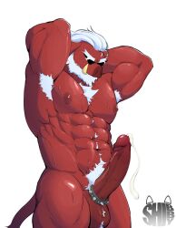 anthro armpit_hair armpits balls bara barazoku beard big_daddy_(zenless_zone_zero) boner chest_hair cock_ring erection facial_hair furry hands_behind_head male male_only muscles muscular nude penis red_skin solo solo_male spiked_cock_ring suina sunglasses sus_(pig) sweat sweating tusks white_hair wideshibby zenless_zone_zero