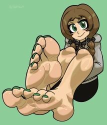 1girls barefeet barefoot black_ribbon blush brown_hair clothed clothing feet female female_only foot_fetish green_eyes green_nail_polish green_nails green_toenails grey_hoodie hair_ribbon hoodie johanna_(rockcandy) nail_polish reathroch rockcandy smile soles sweat sweaty sweaty_feet toenails toes watermark