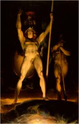 1700s angry_face beelzebub christianity dark_background demon fallen_angel lucifer male male_only mythology nonsexual nonsexual_nudity paradise_lost realistic red_hair roman_helmet satan sir_thomas_lawrence spear sword