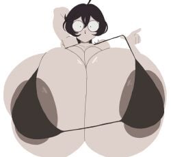 2026 big_breasts big_eyes bikini black_bikini black_eyes black_hair breasts edited edited_art fuyumura_shiori looking_at_viewer no_mouth sanda_(anime) shiori_fuyumura tasteofchoklit_(edit) white_body