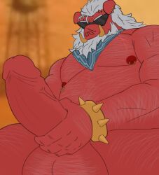 anthro balls bara barazoku beard big_daddy_(zenless_zone_zero) body_hair boner erection facial_hair furry male male_focus male_only masturbation muscles muscular nipple_piercing nude penis red_skin solo solo_male suina sunglasses sus_(pig) tusks white_hair wufwufboii zenless_zone_zero
