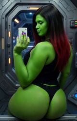 ai ai_art ai_generated ass avengers big_ass big_butt black_thong black_topwear black_underwear booty bootylicious busty busty_female curvy curvy_female fat_ass fat_butt fatty female female_only gamora green_skin green_skinned_female guardians_of_the_galaxy marvel mirror_selfie phat_ass phat_butt photorealistic plump plump_ass round_ass round_butt selfie selfie_pose sexy thick_ass x-men