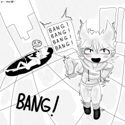 2boys 2d_(artwork) 2d_artwork after_sex bang_bang_bang_meme blushing_male cum_drip cum_in_floor cuntboy cuntboy/male cuntboy_focus digital_media_(artwork) eddsworld floor hand_on_hip looking_at_the_viewer looking_up male_only meme meme_reference movement_lines only_one_naked open_mouth penis perspective_view pointing_up pov pussy semi_nude simple_coloring simple_shading smile smug smug_expression smug_face smug_grin thrown_away tom_(eddsworld) tord_(eddsworld) uncensored unknown_artist view_from_above white_background