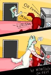 2026 anthro appliance arctic_fox bent_over black_clothing black_shirt black_topwear blush blush_lines bodily_fluids bottomless canid canine clothed clothing cum cum_drip cum_in_vagina cum_inside dripping duo female fox from_behind_position fur genital_fluids genitals gynomorph gynomorph/female hi_res impregnation internal intersex intersex/female laundry_machine lumin_(mimilulu) mammal mimilulu nude nude_female penetration penis pepper_(mimilulu) red_body red_fur sex shirt simple_background speech_bubble stuck text topwear topwear_only true_fox vaginal_penetration washing_machine white_body white_fur