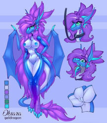 2018 anthro areola blue_areola blue_nipples breasts collar dragon female green_eyes hair leash living_latex looking_at_viewer membranous_wings nipples nude oksara open_mouth purple_hair pussy rubber scalie shiny smile solo standing tongue tongue_out translucent western_dragon wings