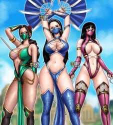 3girls armpits arms_up bare_shoulders black-haired_female black_eyes black_hair bodysuit boots bracelet breasts brown-haired_female brown_hair cleavage crop_top dark-skinned_female dark_skin face_mask female female_only fit fit_female flower flower_in_hair gloves headgear holding_object iury_padilha jade_(mk9) jade_(mortal_kombat) kitana kitana_(mk9) large_breasts long_hair mask mileena mileena_(mk9) mortal_kombat mortal_kombat_(2011) ninja one_piece revealing_clothes slim_waist tagme thick_thighs tied_hair voluptuous wide_hips