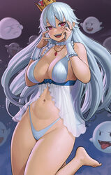 1girls ambiguous_gender boo_(mario) boosette bra breasts cleavage female female_focus lasterk long_hair looking_at_viewer luigi's_mansion mario_(series) negligee new_super_mario_bros._u_deluxe nintendo open_mouth panties sharp_teeth teeth tongue tongue_out underwear