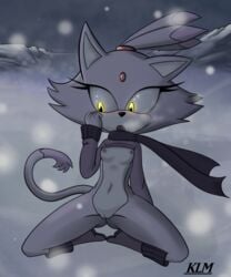 2018 anthro blaze_the_cat breasts clothing exposed eyelashes felid feline felis female fur furry furry_only kinglikeme mammal midriff nipples purple_fur pussy scarf small_breasts solo sonic_(series) tail video_games