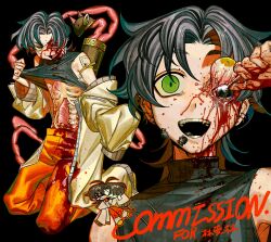 1boy absurdres bandage_over_one_eye beetle black_background black_hair blood blood_on_clothes blood_on_face blood_on_hands bug chibi chibi_inset clothes_lift clothing_request commentary_request commission constricted_pupils disembowelment ear_piercing eye_socket flesh full_body gore gouged_eye green_eyes guro half-closed_eye heterochromia highres holding_ice_cream_scoop_(utensil) ice_cream_scoop_(utensil) insect_in_mouth insect_on_face intestines kari_ka_kari kneeling long_hair looking_at_viewer male_focus multiple_views open_mouth orange_pants original pants parted_bangs piercing portrait quiver ribs sanpaku self-harm shirt shirt_lift simple_background skinned sleeveless sleeveless_shirt smile spine turtleneck turtleneck_shirt wide-eyed yellow_eyes