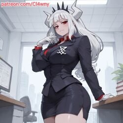 1girls ai_generated big_ass big_breasts big_butt big_thighs blush business_suit business_woman businesswear cl4wny clothed clothed_female clothing demon demon_girl demon_horns female gloves helltaker huge_breasts jacket large_breasts long_hair looking_at_viewer lucifer_(helltaker) office office_lady perfect_ass perfect_body perfect_boobs perfect_legs pose posing posing_for_the_viewer red_eyes sexy sexy_body sexy_female silver_hair standing suit thick thick_thighs thighhighs thighs white_hair