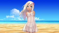 1girls beach blonde_hair blue_eyes clothed dark-skinned_female dark_skin dress female female_only kantai_collection photoshop pussy ro-500_(kantai_collection) see-through small_breasts summer_dress tan_lines uncensored