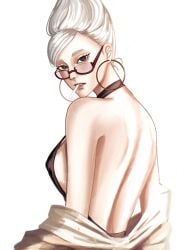 ayase_seiko back back_view backless_outfit breasts brown_eyes cigarette cigarette_in_mouth dandadan earrings exposed_back gilf glasses hair_up hoop_earrings looking_at_viewer looking_back looking_back_at_viewer nipple_bulge sfw sideboob smoking stllrchld white_hair