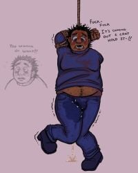 1boy 1male 5_fingers amputated_arm amputee body_hair chubby_male clothed clothed_male fat happy_trail human human_male human_only ickystickypink look_outside male omorashi pee_dripping peeing peeing_self penis_outline sam_(look_outside) shaking short_hair solo solo_male speaking stomach swear swearing sweat sweatdrop sweating sweaty_body talking tied_hands tied_up trembling urinating_male urine wetting wetting_clothing wetting_self
