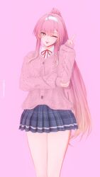 3d abilfloridaarts adoptive_daughter aemeath_(wuthering_waves) daughter pink_hair ponytail short_skirt slim_female teasing tongue_out wuthering_waves yellow_eyes