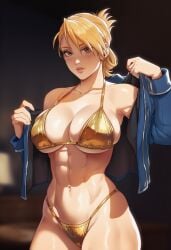 1girl 1girls abs ai_generated athletic_female beautiful big_breasts blonde_hair blue_jacket breasts brown_eyes collarbone cropped_jacket female_focus female_only fullmetal_alchemist fullmetal_alchemist_brotherhood golden_bikini hip_dips indoors karezma large_breasts looking_at_viewer military_jacket muscular_female narrow_waist parted_lips pink_lips pink_lipstick pink_nails riza_hawkeye sexy sexy_body solo solo_female solo_focus standing thick_legs thick_thighs tied_hair toned_female undressing